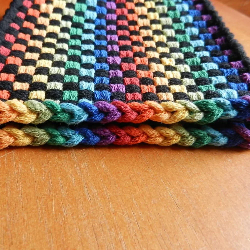 Set of 2 Handmade Artisan Woven Loomed Rainbow Fiesta Potholders Hot PadsTrivets